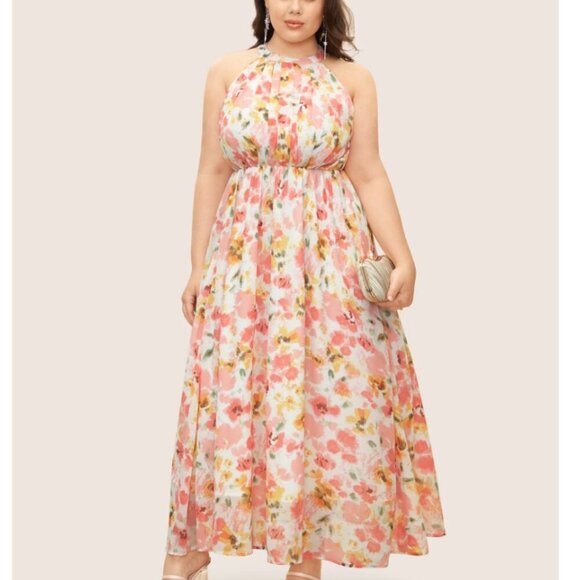 BloomChic Plus Size Halter Neck Floral Pleated Pocket Dress 4XL - Picture 1 of 3